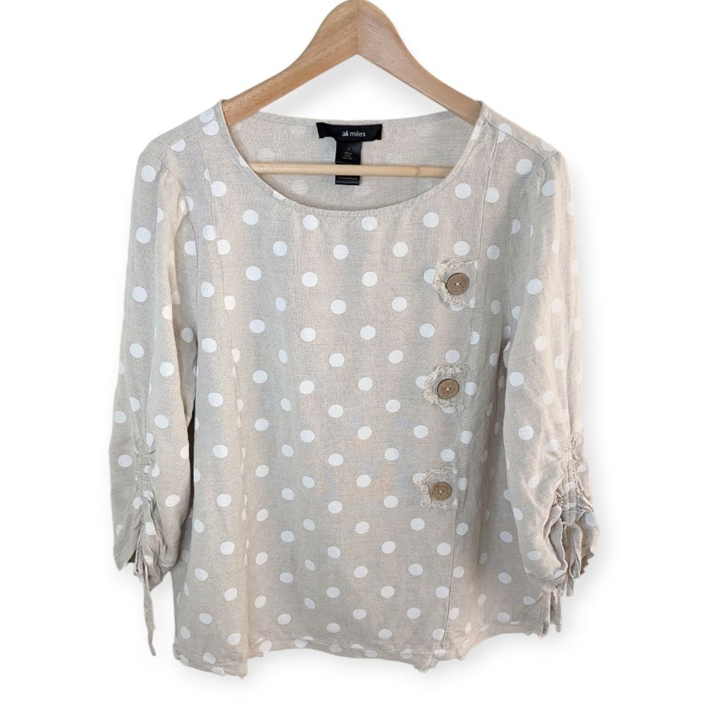 Ali Miles Linen Blend Polka Dot Top with Fringe Beige Small